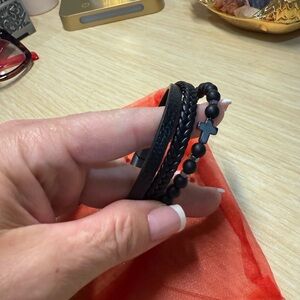 Black Beaded and Braided Men's Bracelet Set